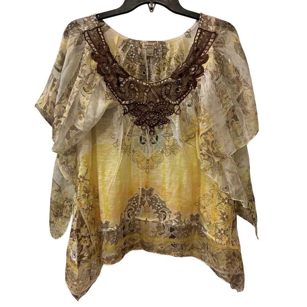 One World Embellished Lace Accent Top Boho Chic Yellow Print Blouse Size Small - Picture 3 of 10